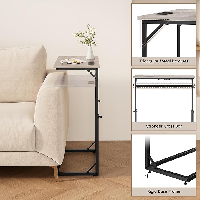 Vagusicc C Shaped End Table with Charging Station, C-Table End Table Adjustable Height Side Table for Couch, Large Couch Table, Slide Under Couch Table TV Tray Table for Sofa,Living Room,Bedroom, Grey