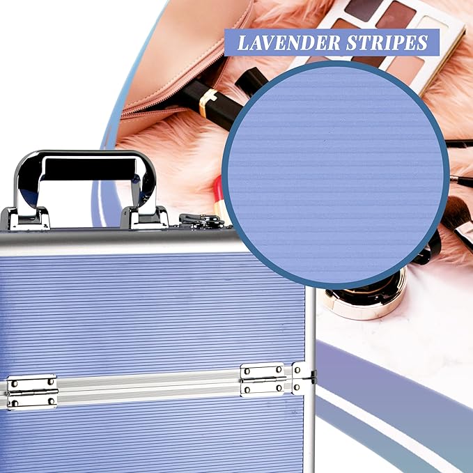 Ver Beauty Makeup Organizer, Cosmetic Travel Kit, Makeup Artist Supplies, 2 Sliding Trays, Lockable Storage Box, Makeup Train Case, Aluminium Case, Lightweight Makeup Vanity (Lavender Stripes)
