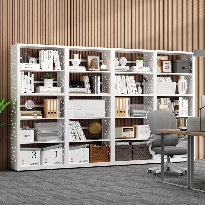 Industrial Bookshelf,5 Tier Bookcase,55" White Metal Tall Bookshelf with Adjustable Feet and Adjustable Shelves,Home Office Bookcase Shelf Storage Organizer for Living Room、Kitchen