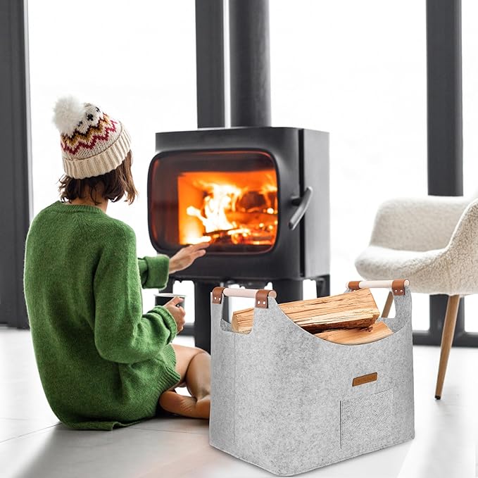 XL 4MM Felt Firewood Carrier | Log Carrier for Firewood | Wood Container with Extra Thick Felt Foldable & Reinforced Handle | Storage Basket for Shopping, Firewood, Logs, Newspaper (LIGHT GRAY)