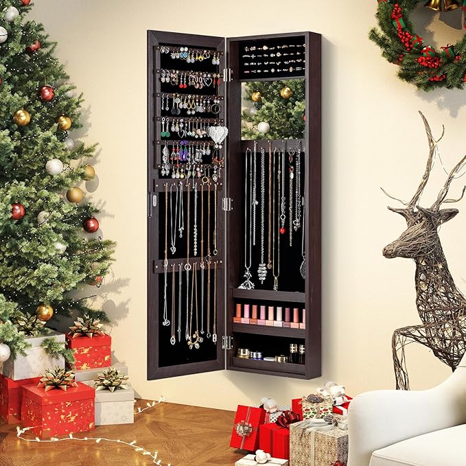 Giantex Wall Mounted Jewelry Cabinet with Full Length Mirror, Over The Door Jewelry Armoire Organizer with Large Storage, Makeup Mirror & Velvet Lining (Brown)