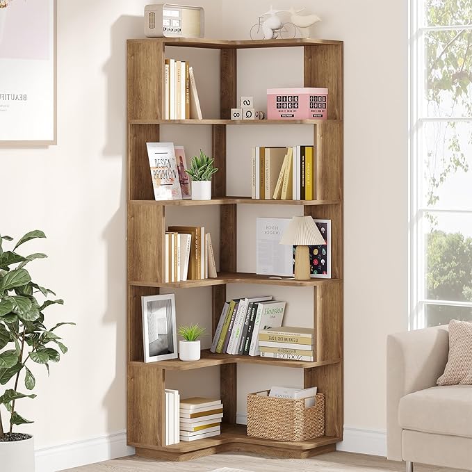 Tribesigns 6 Tier Corner Bookshelf, 64.9 Inches Tall L Shaped Bookcase with Anti-Drop Panel, Freestanding Wood Grain Shelf Display Rack Storage Organizer for Home Office (Light Brown)