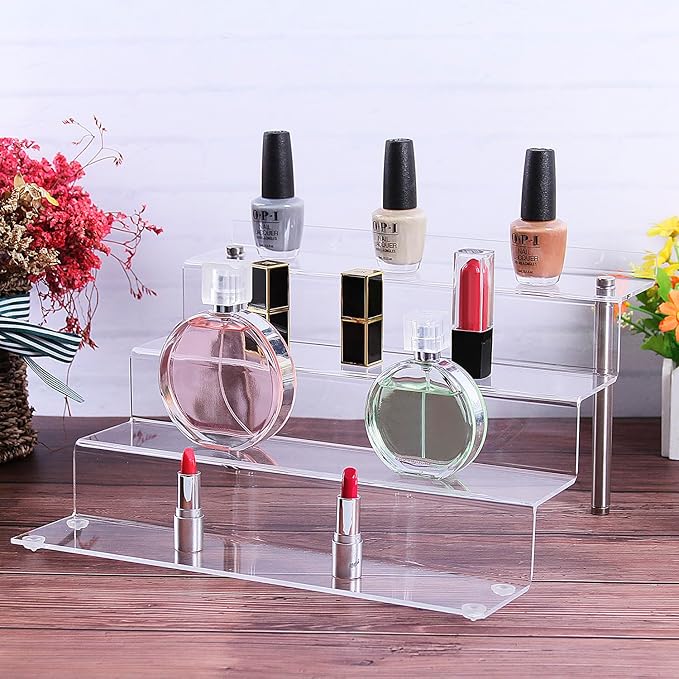 Acrylic Riser Shelf 4 Tier Clear Display Stand for Collectibles Pop Figures, Cupcakes, Perfumes, Display Risers for Decorating & Organizing - 11.8 x 10.8 x 6.5 in (Large, 2 Pack)