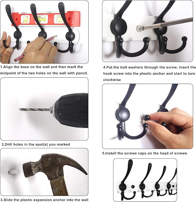 WEBI Coat Rack Wall Mounted,3 Coat Hooks for Hanging Coats,Heavy Duty Metal Hook Rack Hook Rail Coat Hanger Wall Coat Rack with Hooks for Clothes Entryway Jacket,Black