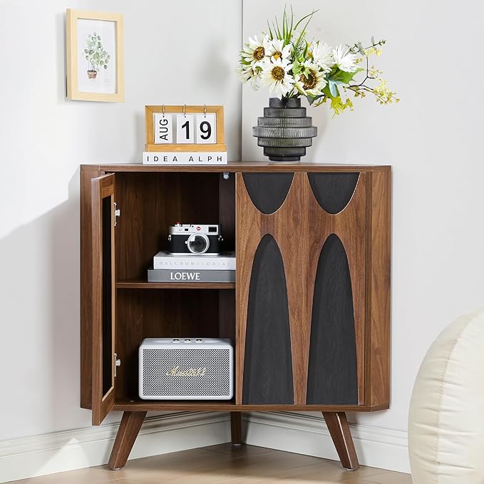 Small Corner Cabinet,Corner Floor Cabinet with Adjustable Doors and Shelve, Freestanding Narrow Storage Organizer for Kitchen Living Room Bathroom (Walnut and Black)