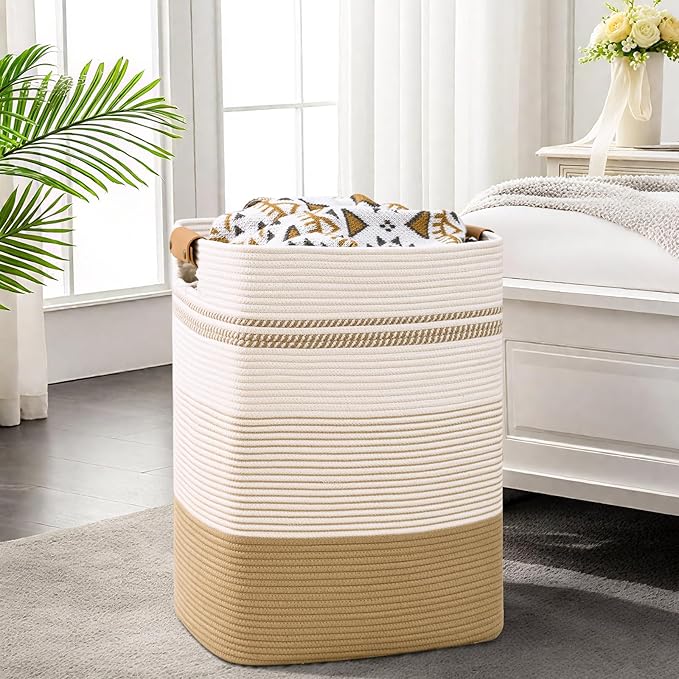 Laundry Hamper, 95L Tall Laundry Basket with Leather Handles, Rectangle Large Clothes Hamper for Organizing, Cotton Woven Laundry Baskets Storage Hampers for Bedroom, Nursery, Living Room