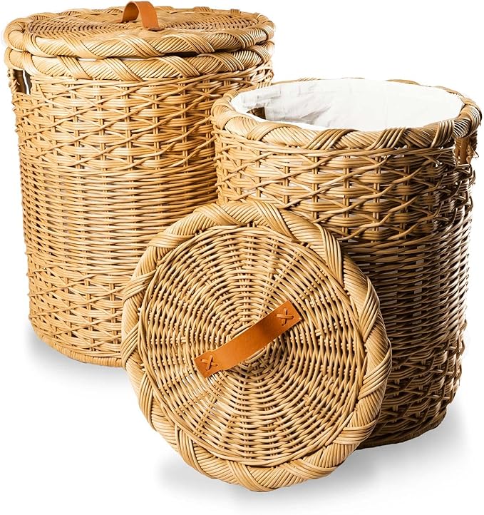 The Basket Lady Round Wicker Laundry Hamper, Large, 19 in Dia x 25 in H, Sandstone