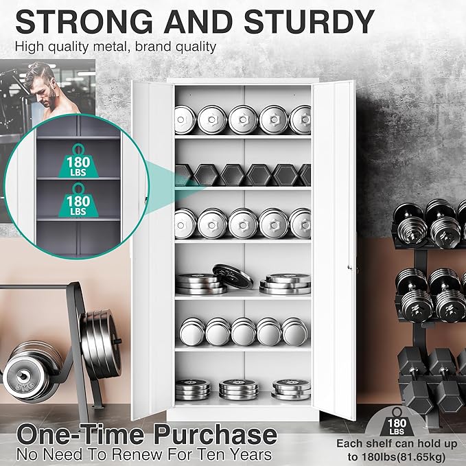 White Metal Storage Cabinet with 2 Doors and 6 Shelves,71" Tall Metal Cabinet with Lock,Lockable Garage Storage Cabinets,Locking File Cabinet,Steel Tool Cabinets for Home,Office,Garage,Shop