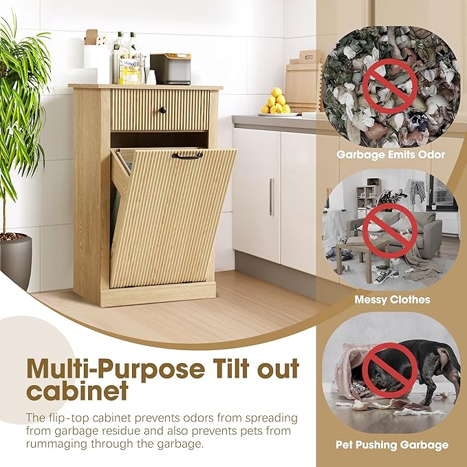 Grepatio Tilt Out Fluted Laundry Hamper Cabinet, 11 Gallon Hidden Laundry Hamper, Wooden Trash Can Cabinets with Drawer, Modern Garbage Can Cabinet for Bathroom, Kitchen, Living Room (Natural, Single)