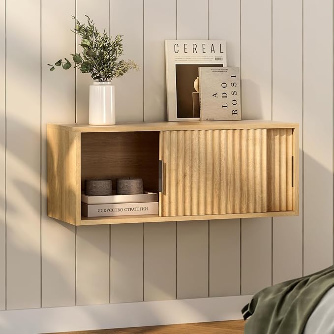 Fluted Wall Cabinet with Sliding Doors, Modern Large Floating Nightstand Storage Shelf Bedside Tables for Bedroom, Study Room Natural Oak