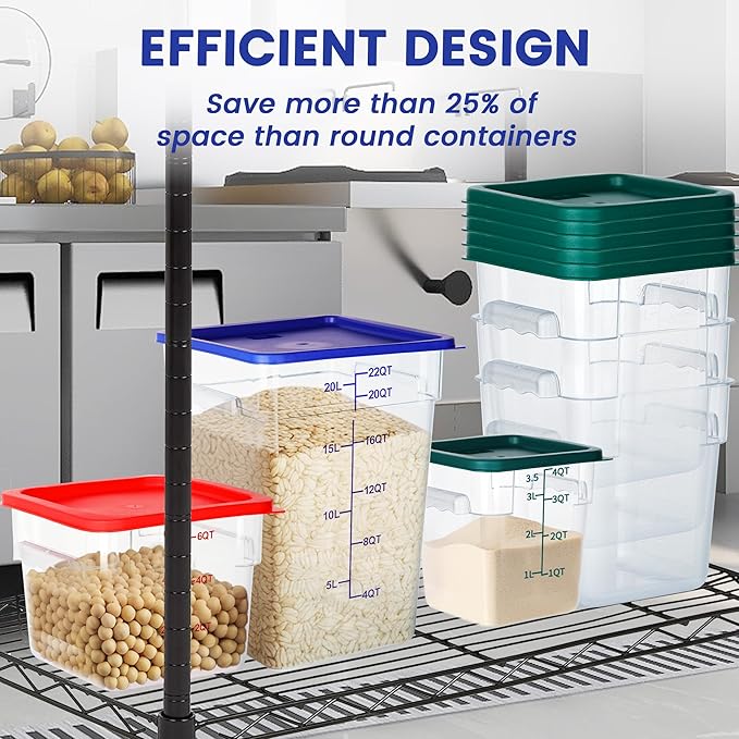 4 Pack Food Storage Containers, 22 Quart with Lids, Square Commercial Containers with Scale, NSF, Polycarbonate, Clear