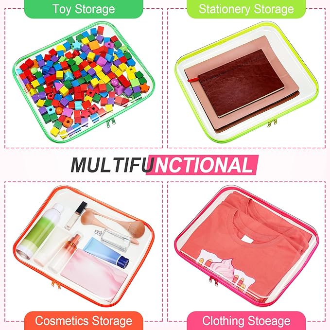 Hoolerry 4 Pcs Hard Clear Zipper Case Makeup Bags Plastic Pencil Pouch Transparent Storage Box Containers for Cosmetics, Snacks, Building Blocks, Puzzles(Fluorescent,13.8 x 11.8 x 2 in)