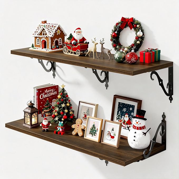 Deep Floating Shelves for Wall, 32"W x 12"D Wall Shelves, 12 Inch Deep Floating Shelf with Bracket, 32 Inch Floating Shelves Set of 2, Rustic Shelves for Living Room, Bathroom and Kitchen, Walnut