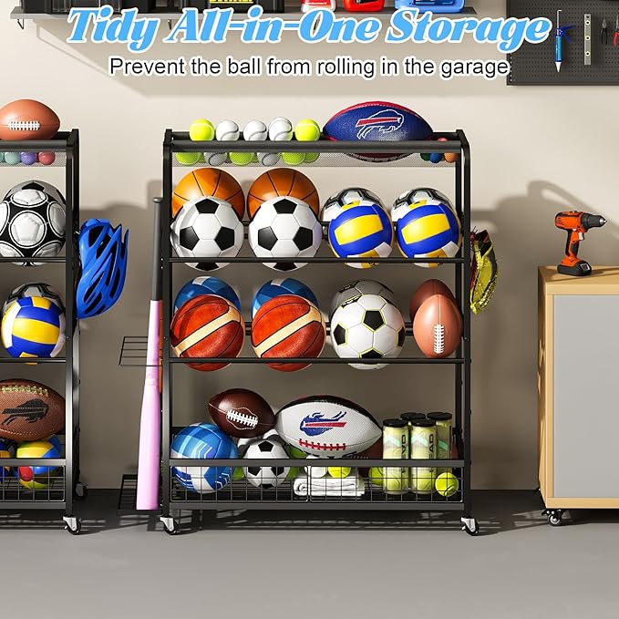 Garage Sports Equipment Organizer,Sports Ball Organizer with Wheels,Basket,Ball Organizer with Baseball Bat Rack and HooksToy Storage Rolling Cart-Black