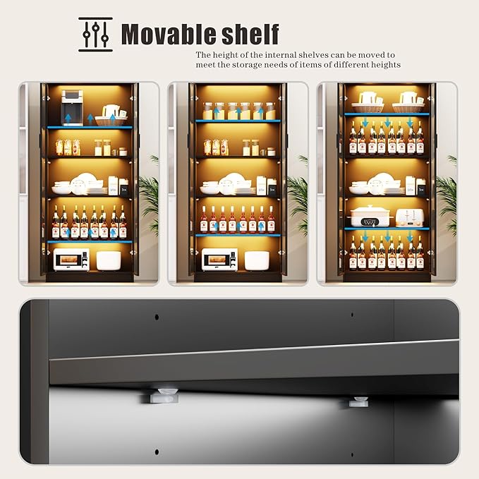 Display Cabinet with Adjustable Shelves, 65" Tall Bookcase with LED Lights/Human Sensor, 5 Tier Display Case for Collectibles Bedroom Living Room Office, Black - Transparent Acrylic Doors