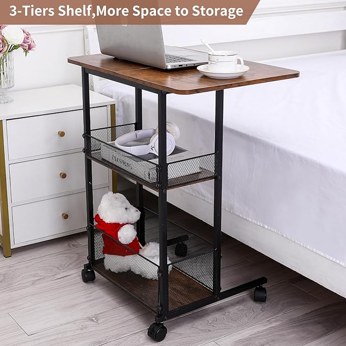 C Shaped End Table with Storage Shelf Basket, Small Couch Table with Wheels for Sofa Recliner Bedside, Rustic Brown Side Tables with Extended Desktop for Living Room, Bedroom, Home,Office