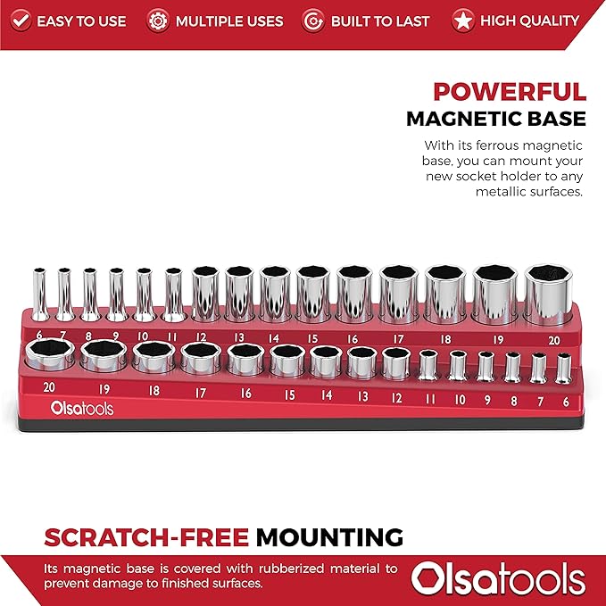 Olsa Tools Magnetic Socket Holder | 3/8-inch Drive | Metric | Red | Holds 30 Sockets | Professional Quality Tools Organizer