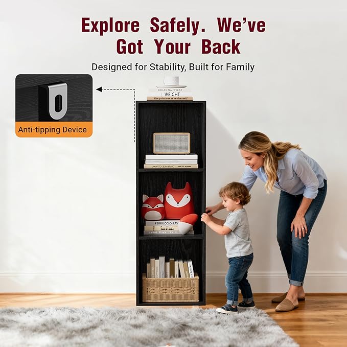 Book Shelf, Wooden Cube Storage Organizer with 11" Open Cubes, Stackable Modular Bookcase for Room Divider Storage, 3 Tier Bookshelf for Living Room, Bedroom, Office (Black, 3-Cube)