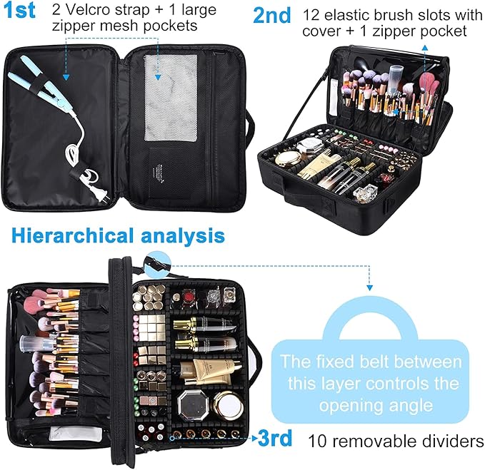 JOURMON Travel Makeup Train Case,Large Capacity Cosmetic Bags for Women,Portable Makeup Bag Organizer with Adjustable Dividers & Shoulder Strap (Black, L)