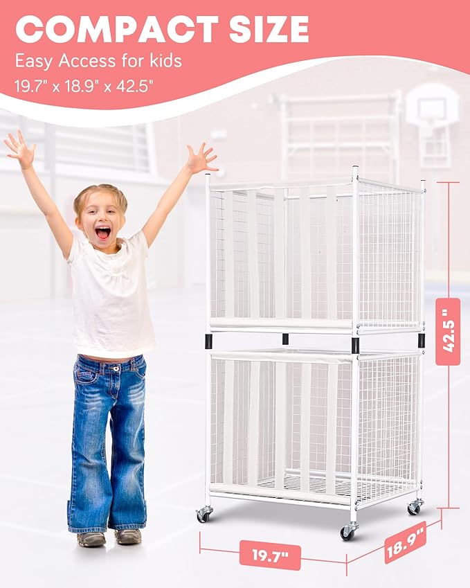 Mythinglogic Rolling Sports Ball Storage Cart, Sports Lockable Ball Storage Locker with Elastic Straps, Stackable Ball Cage for Garage Storage Garage Organizer