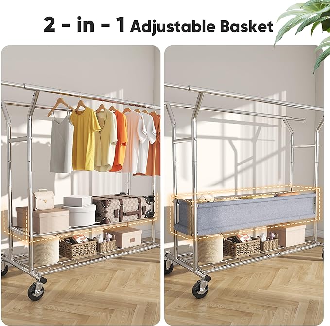 HOKEEPER Clothing Rack Heavy Duty Clothes Rack for Hanging Clothes Load 625LBS Extendable Double Rod Clothes Rack, Adjustable Rolling Garment Rack with Wheels, Basket & Shelves 71.2''W*23.6''D*68.5''H