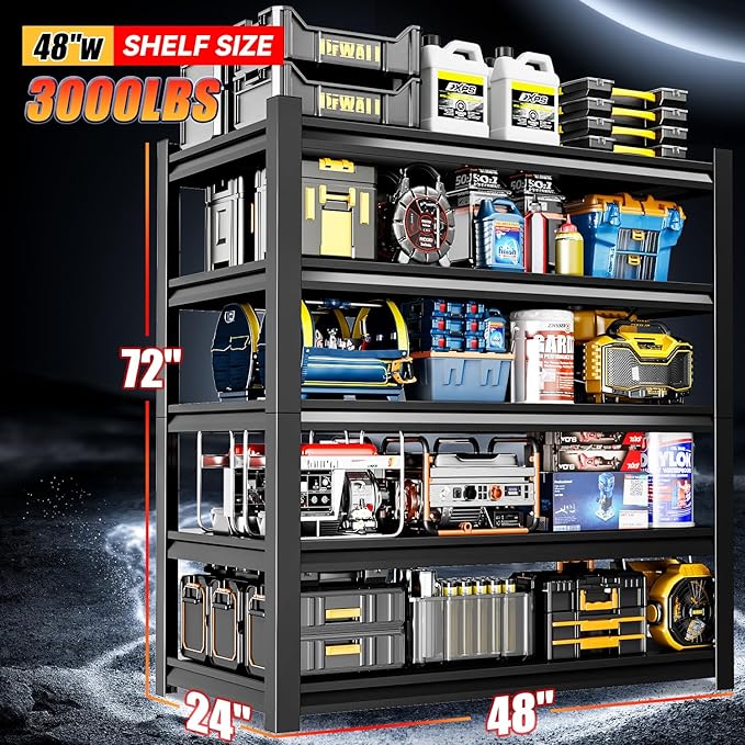 72" H Garage Shelving,5-Tier Heavy Duty Shelving Unit,3000LBS Adjustable Metal Storage Shelves,Storage Rack Units for Industrie,Shed,Warehouse,Basement,Black,48" W x 24" D x 72" H
