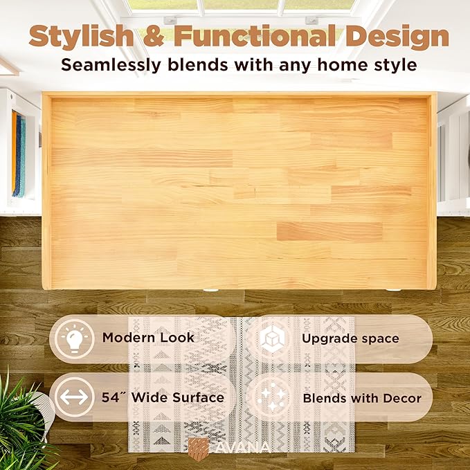 Avana (100% Natural Solid Wood Washer Dryer Countertop – Oak Pine Laundry Countertop with Raised Edges, 54” x 27.5” Counter Top for Washer and Dryer, Laundry Room Organizer & Tabletop