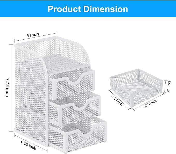 EasyPAG Mesh Desk Organizer with 3 Drawer Office Desktop Organizers and Accessories Stationery Caddy for Office, Home, Students, White