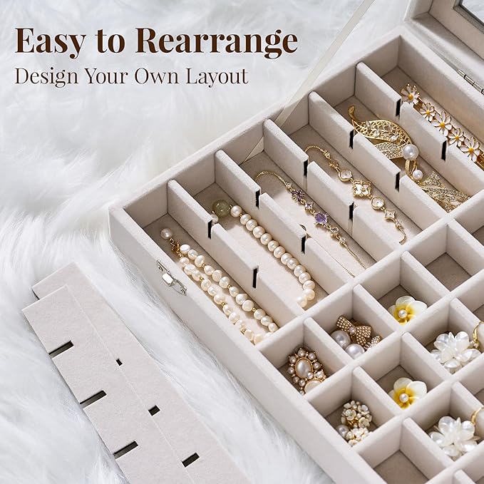 48 Grid Earring Organizer and Storage: Velvet Jewelry Tray with Lid, Jewelry Box for Studs, Earrings, Rings, Necklaces, Dresser & Vanity, Earrings Case for Girls, Women, Beige