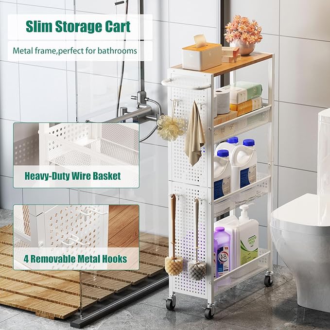 Slim Rolling Storage Cart with Wheels, 4-Tier Metal Utility Cart with Handle & Wood Top, Small Mobile Organizer Shelf Unit for Laundry Room, Kitchen, Bathroom, Office, Narrow Space