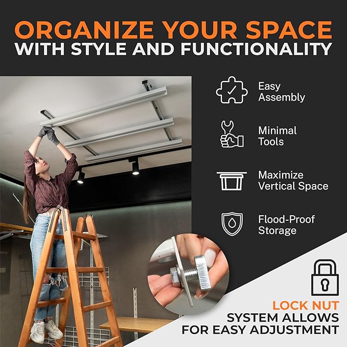 Adjustable Over Head Garage Bin Storage System Tote Lift Pro Overhead Storage Rack – Ceiling Mounted Bin Organizer System – Heavy Duty Ezy Strut & Hat Channel Design – 90" x 25" x 4" (Pack G)
