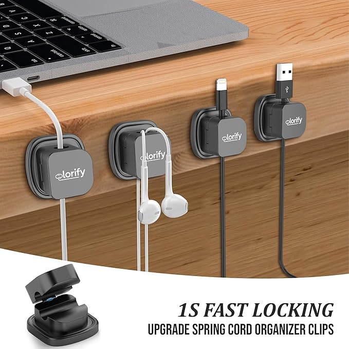 8 Pack Rotatable Cord Organizer Clips with Spring, Adhesive Charging Cords Holder for Desk, Nightstand, Laptop, Phone Charging Clips & Car Cable Management for Home & Office Use - Black