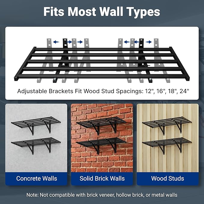 FLEXIMOUNTS 2x4ft Heavy Duty Garage Wall Shelving, 2-Pack Garage Shelving Wall Mounted with 8 Hooks, 400lbs Capacity, Storage for Power Tools, Garden Supplies, Storage Bins, Lite Series