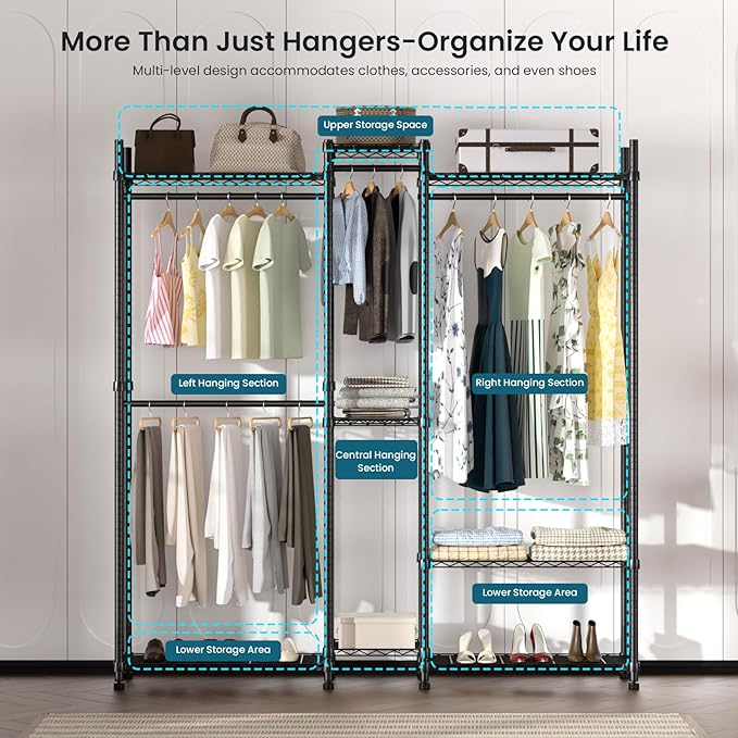 Garment Rack Heavy Duty Clothes Rack Adjustable Freestanding Metal Portable Wardrobe Closet Rack with Shelves for Hanging Clothes - 72" L x 14" W x 75" H, Black