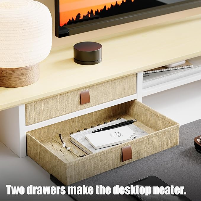 Dual‑Tier Monitor Stand Riser with Drawers, Desktop Organizer Shelf Storage for Computer Screen 2 Monitors, Supports for PC Computer Monitor, Printer, Heavy TV Riser Beige and White