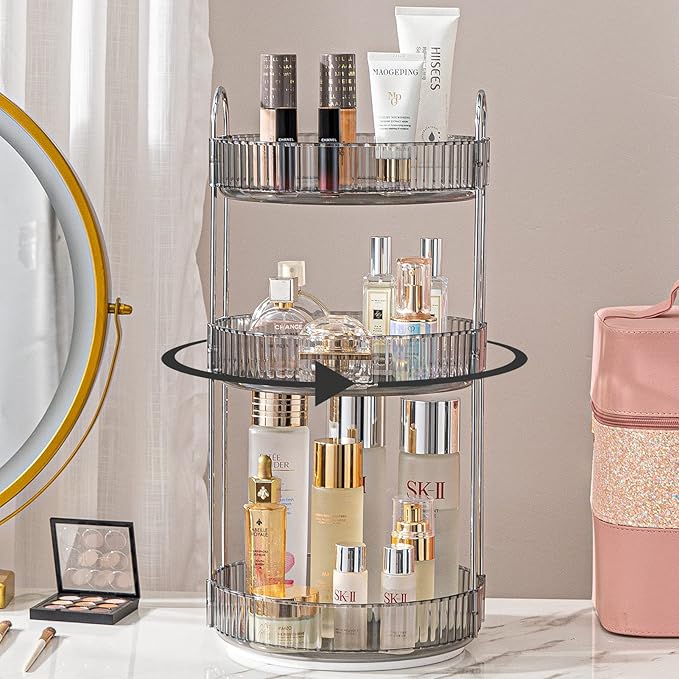 Rotating Makeup Organizer for Vanity, Large Capacity Skincare Perfume Storage, Bathroom Counter Organizer, 360 Spinning Cosmetic Dresser Countertop Organizers (Gray, 3 Tier)