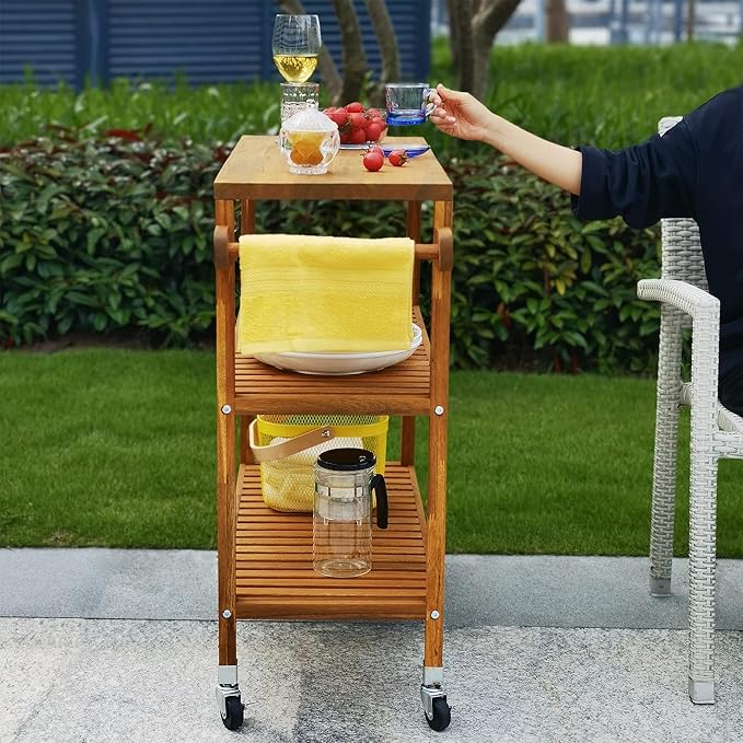 Interbuild 3 Tier Acacia Hardwood Kitchen Cart Portable Rolling Trolley Cart Kitchen Storage Utility Cart with Towel Rack (Golden Teak)
