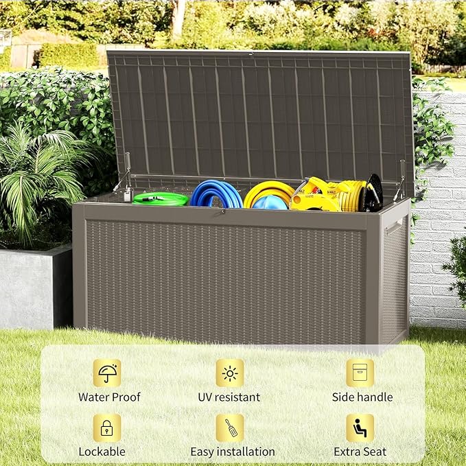 320 Gallon Resin Deck Box, Waterproof Outdoor Storage Box for Patio Furniture Cushions, Garden Tools, and Pool Accessories, Large Lockable UV-Resistant Storage Bin Bench Cabinet for Outside, Grey