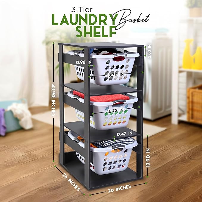 Laundry Basket Holder Shelf (3-Tier) - Stackable Engineered Wood Laundry Tower, Tiered Laundry Hamper Organizer for Bathroom, Bedroom, Laundry Room