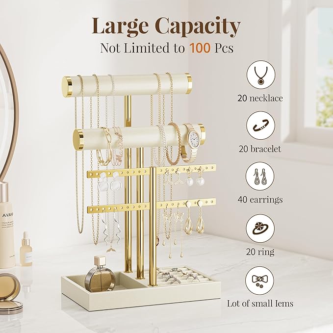 3 Tier Bracelet Holder Display - Beige Leather Bracelet Holder, Detachable T Bar Jewelry Holder Organizer for Bracelet, Necklace, Earrings, Rings, Watches, Bangle