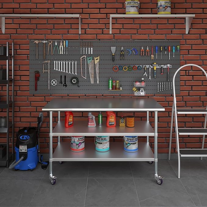 AmGood Stainless Steel Work Table with 2 Shelves and Casters | Metal Utility Table On Wheels (Stainless Steel Work Table with 2 Shelves + Casters, 60" Long x 30" Deep)