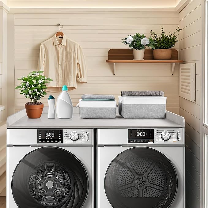 Washer Dryer Countertop with 2 Pack Storage Baskets, Wood Washer and Dryer Countertop with Non-Slip Pads/Edge Rails for Laundry Room Storage and Organization, 27.5" W x 54" L(Light Grey Marble)
