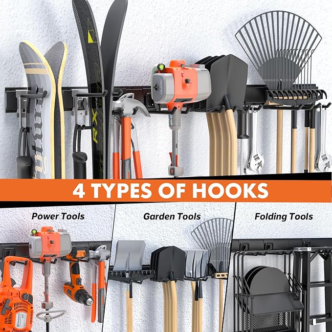 48-Inch Heavy Duty Garage Tool Organizer, Wall Mount Storage System with Adjustable Metal Hooks, 440lbs Capacity, Ideal for Garden Tools, Shovels, Rakes, Brooms, Ladders (48‘’ Metal Hooks)