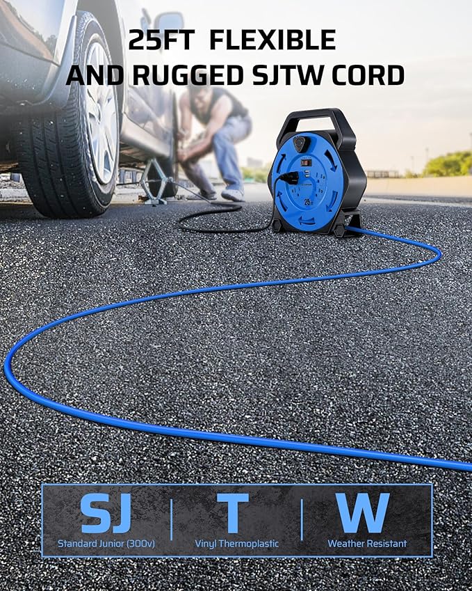 DEWENWILS Cord Reel with 4 Power Outlets, 2-USB Ports(3.4A Fast Charge), 25FT Retractable Extension Cord Reel, Heavy Duty SJTW 16/3 Cable, 13A Circuit Breaker, Hand Wind, UL Listed