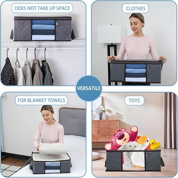 VENO 3 Pack Medium Clothes Storage Bag Organizer with Reinforced Handle Thick Fabric for Comforters, Blankets, Bedding, Foldable with Sturdy Zipper, Clear Window, Grey, Reusable (9.5 Gallon)