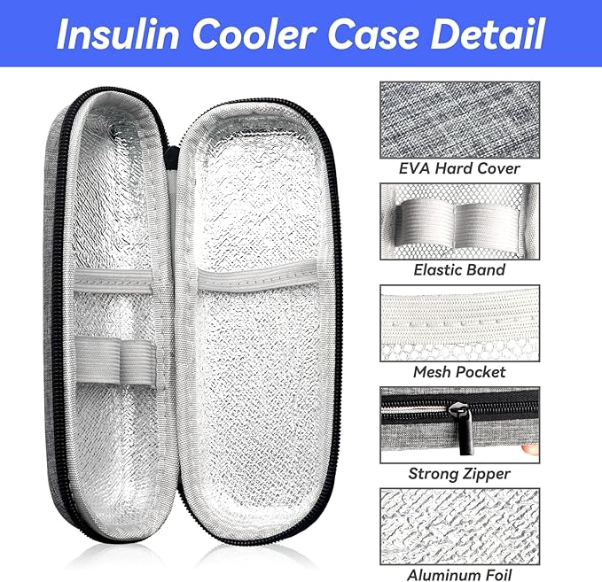 Insulin Cooler Travel Case with 2 Ice Packs, Portable Medication Diabetic Cooler Organizer Bag for Daily Life and Trip Use, Grey (Grey, Hard Case)