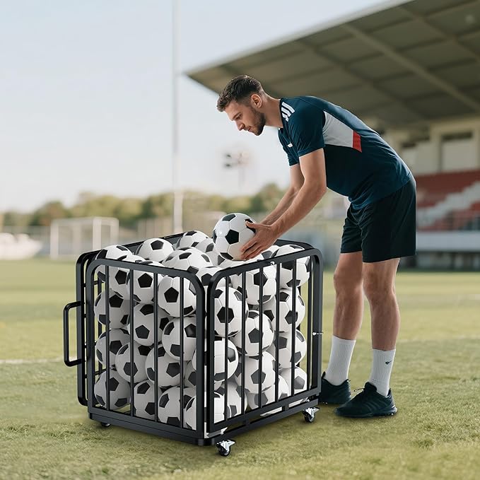 MR Foldable Ball Cart with Wheels, Heavy-Duty Ball Cage Garage Sports Equipment Organizer, Collapsible Metal Rolling Multi Sports Ball Storage for Gym, Lockable Lid, Indoor and Outdoor