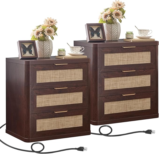 LEYAOYAO Rattan Night Stand Set of 2 with Charger Station, 23" Large 3 Drawer Boho Nightstand, Walnut Bedside Table Storage Cabinet, Bed Side End Tables for Bedroom, Living Room, Hallway