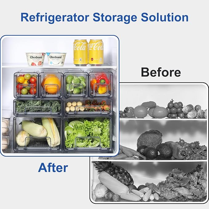 Plastic Clear Fridge Storage Organizer with Drawers & Drainer - Stackable Bins for Kitchen Fruit & Veggie Organization (2PCS, Medium)