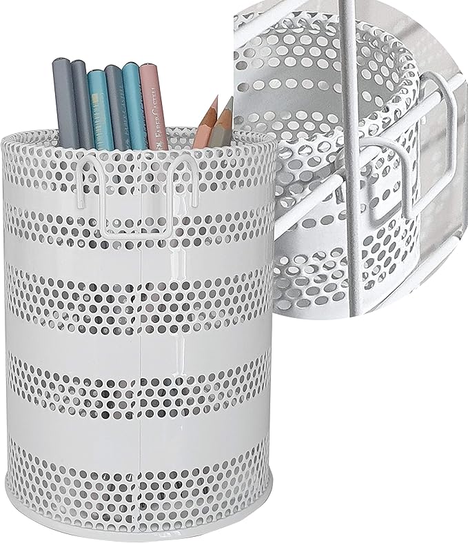 Metal Hook Wall Mounted Pen Pencil Holder, Office Desk Organizer with Hook for Hanging on Wire Mesh Wall Grid Panel (White, Large)